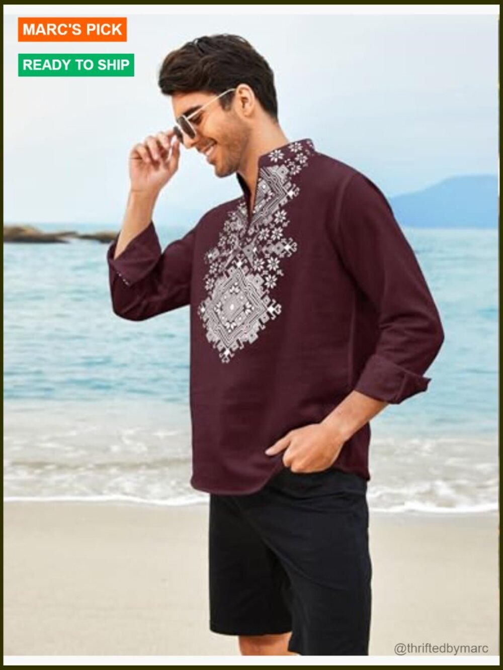 Men's African Print Henley Shirt Long Sleeve Zip Up Cotton Linen - Picture 3 of 7